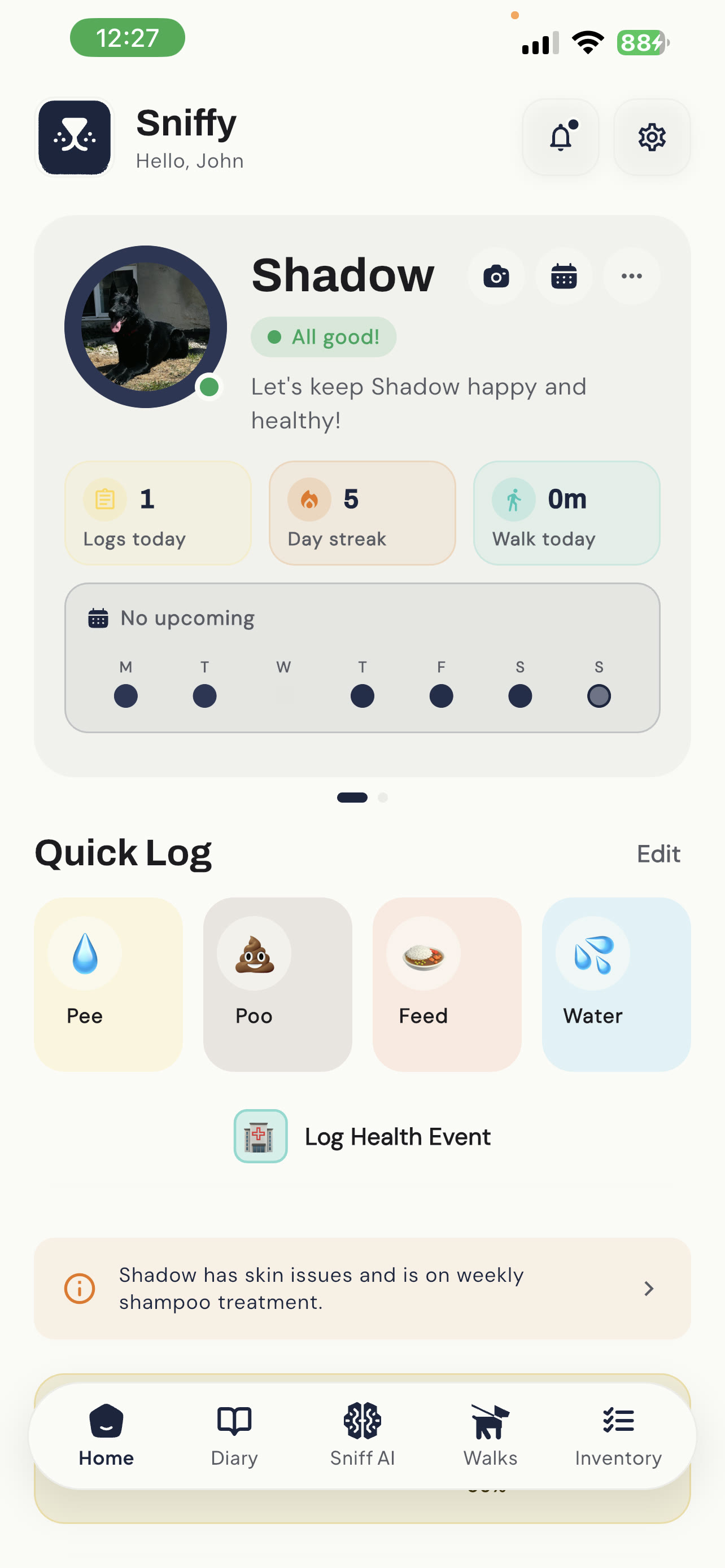 Sniffy home screen with one-tap quick logs for pee, poo, feed, and water